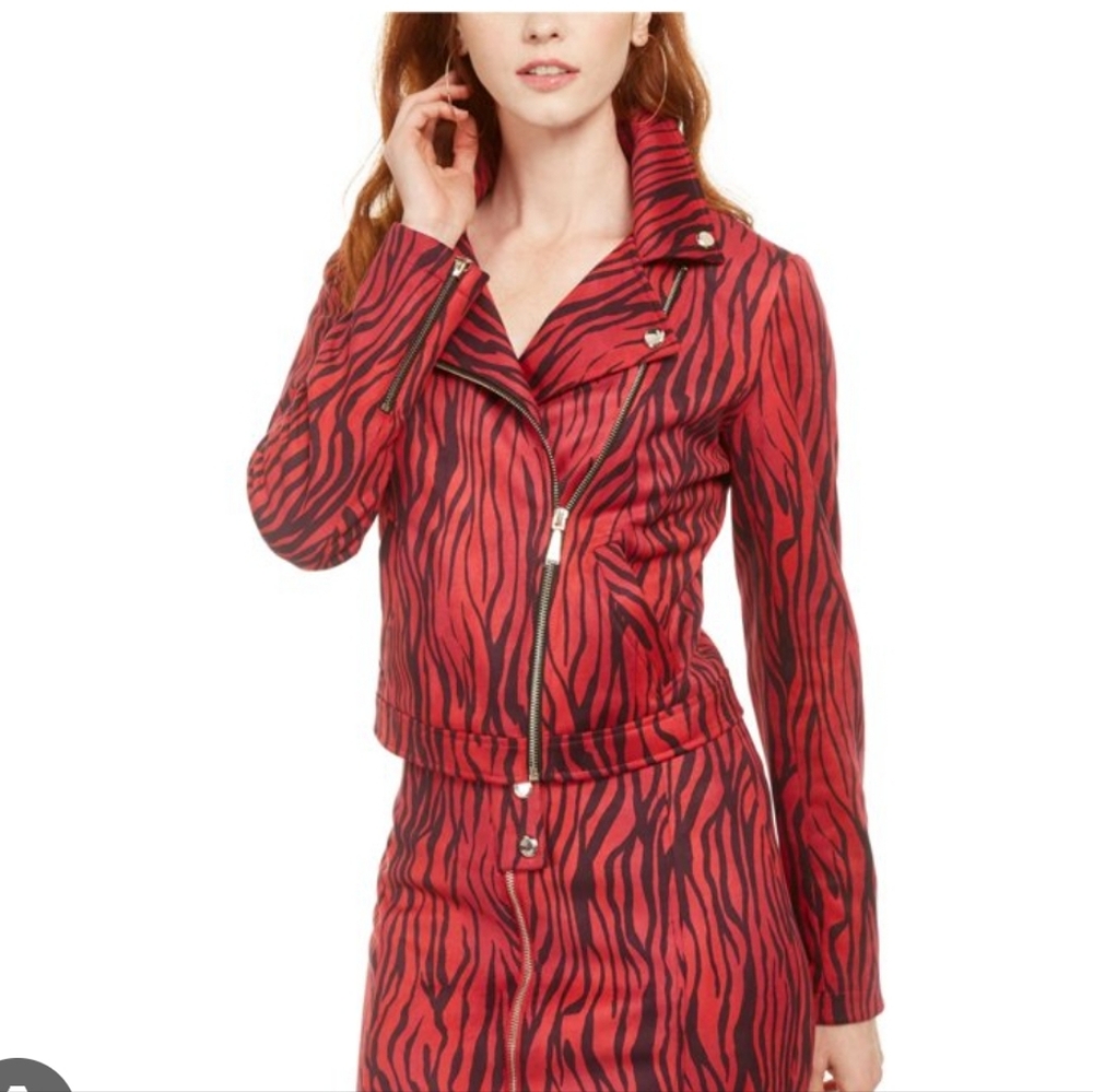 Guess Red & Black Kingdom Stripe LS Rayanna Suede Moto Jacket